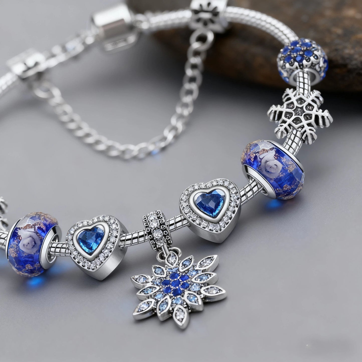 Blue Cat’s Eye & Glass Bead Bracelet – Rhinestone Snowflake Pendant(19cm)