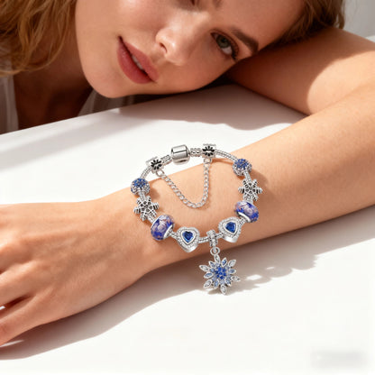 Blue Cat’s Eye & Glass Bead Bracelet – Rhinestone Snowflake Pendant(19cm)