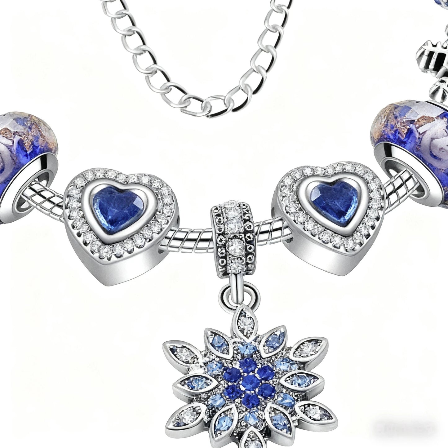 Blue Cat’s Eye & Glass Bead Bracelet – Rhinestone Snowflake Pendant(20cm)