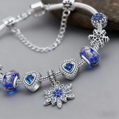 Blue Cat’s Eye & Glass Bead Bracelet – Rhinestone Snowflake Pendant(20cm)