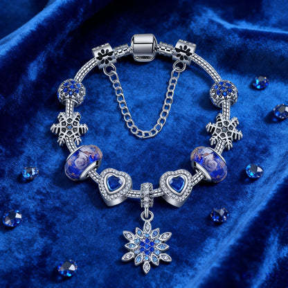 Blue Cat’s Eye & Glass Bead Bracelet – Rhinestone Snowflake Pendant(20cm)