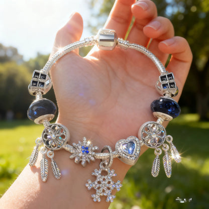 Pandora-Style Rhinestone Blue Cat’s Eye Heart Bracelet: Glass Beads, Dreamcatcher Feather Snowflake(17cm)
