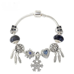 Pandora-Style Rhinestone Blue Cat’s Eye Heart Bracelet: Glass Beads, Dreamcatcher Feather Snowflake(18cm)