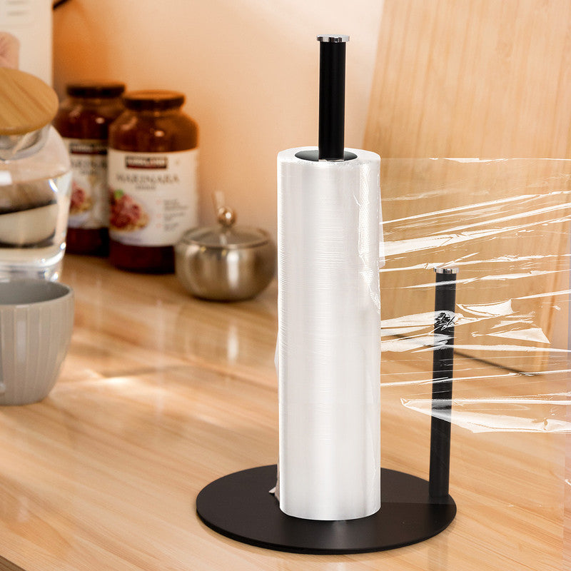 Iron Double Pole Paper Towel Holder for Kitchen Countertop Cling Film Storage Rack-Black
