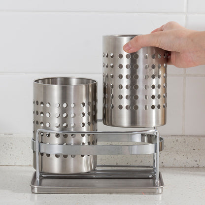 Stainless Steel Double-Tube Cutlery Basket With Storage Rack for Household Kitchen-Silver