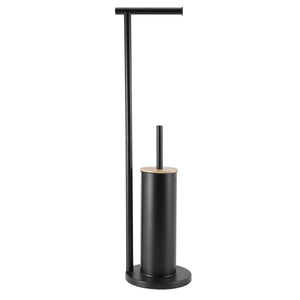 2-in-1 Iron Floor Standing Roll Paper Holder and Bamboo Lid Toilet Brush For Bathroom and Toilet-Black