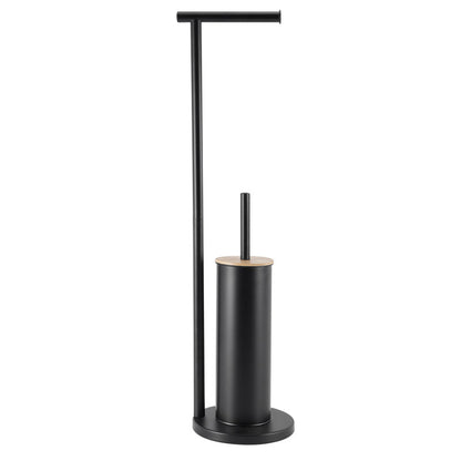 2-in-1 Iron Floor Standing Roll Paper Holder and Bamboo Lid Toilet Brush For Bathroom and Toilet-Black
