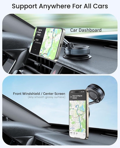 Suction Cup Phone Mount , 360° Adjustable Magnetic Car Phone Holder, Pocket Size Foldable Car Mount, Cell Phone Holders for Your Car for iPhone Series- Black