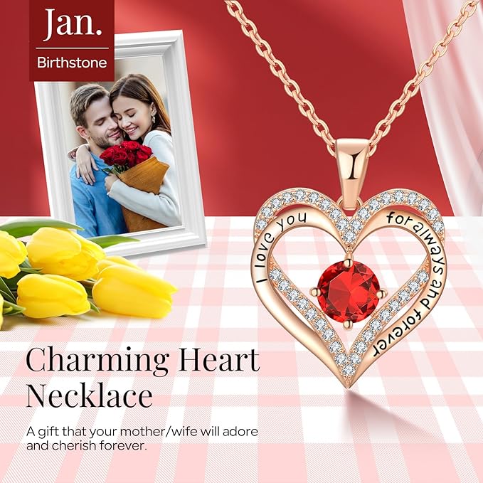 18K Rose Gold Necklaces for Women, 925 Sterling Silver Gifts for Mothers Day, Jewelry for Wife Mom Her Girlfriend, Birthstone Diamond Necklace for Birthday Anniversary, Heart Pendant Jewelry - JAN - Factory Direct Shop
