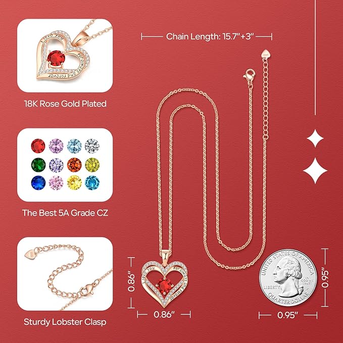 18K Rose Gold Necklaces for Women, 925 Sterling Silver Gifts for Mothers Day, Jewelry for Wife Mom Her Girlfriend, Birthstone Diamond Necklace for Birthday Anniversary, Heart Pendant Jewelry - JAN - Factory Direct Shop