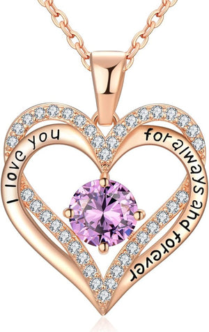 18K Rose Gold Necklaces for Women, 925 Sterling Silver Gifts for Mothers Day, Jewelry for Wife Mom Her Girlfriend, Birthstone Diamond Necklace for Birthday Anniversary, Heart Pendant Jewelry-FEB