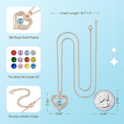 18K Rose Gold Necklaces for Women, 925 Sterling Silver Gifts for Mothers Day, Jewelry for Wife Mom Her Girlfriend, Birthstone Diamond Necklace for Birthday Anniversary, Heart Pendant Jewelry-MAR