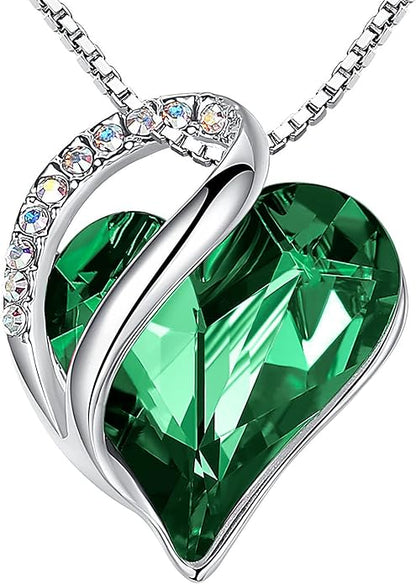 Infinity Love Heart Necklace, Birthstone Necklace for Women, Jewelry for Women with Healing Crystals, Allergy Free Pendant Necklace-05-May-Emerald Green