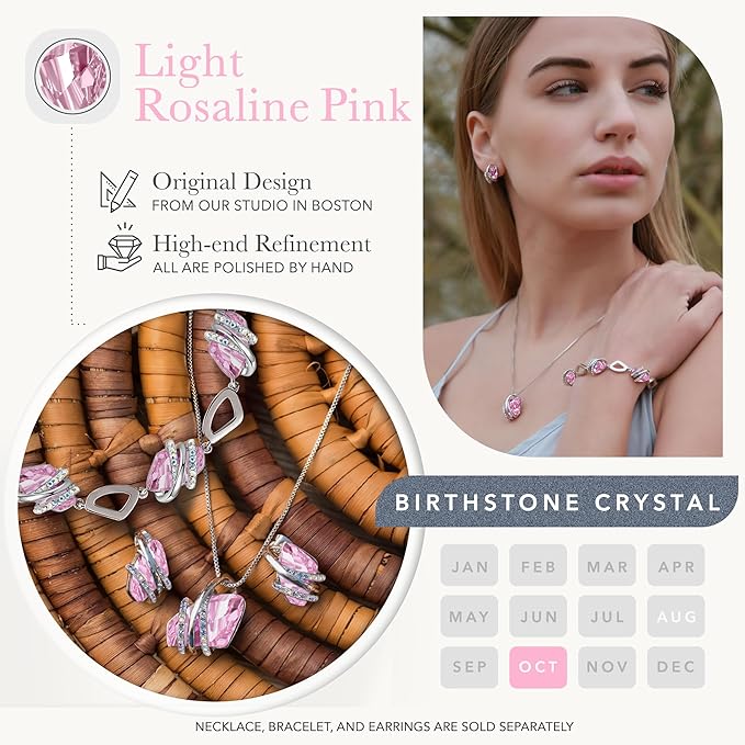 Wish Stone Pendant Necklace, Necklaces for Women with Birthstone Crystals, Allergy-Free Jewelry for Women with Gift Box, 24K Rose Gold Plated or Silver-tone Birthstone Necklace for Women-10-October Birthstone-Light Rosaline Pink