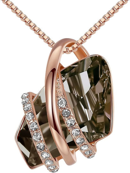 Wish Stone Pendant Necklace, Necklaces for Women with Birthstone Crystals, Allergy-Free Jewelry for Women with Gift Box, 29K Rose Gold Plated or Silver-tone Birthstone Necklace for Women-Healing Stone for Protection - Silver Black