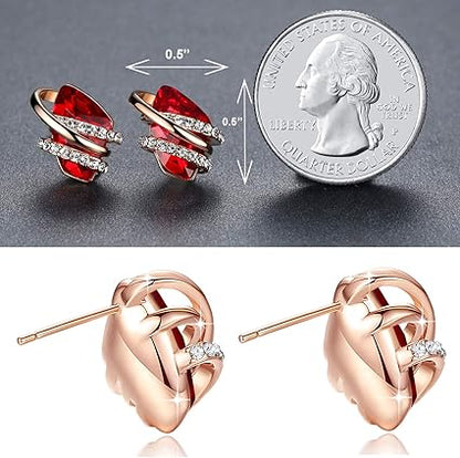 Infinity Love Heart Birthstone Earrings for Women, Crystal Stud Earrings with Healing Stones, Allergy-Free Jewelry for Women with Gift Box, Silver-tone Birthstone Crystals Earrings-01-January July Birthstone-Ruby Red