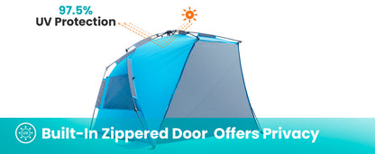 OutdoorMaster Pop Up 3-4 Person Beach Tent X-Large - Easy Setup, Portable Beach Shade Canopy Folding Sun Shelter with UPF 50+ UV Protection Removable Skylight Family Size (Blue)