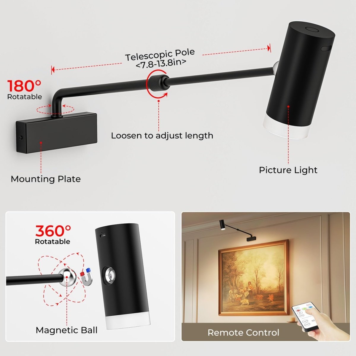 Rechargeable Picture Light with Remote Control, Adjustable Wall Sconce, 4000mAh Battery, Dimmable LED Art Light for Gallery, Bedroom & Bathroom - Factory Direct Shop