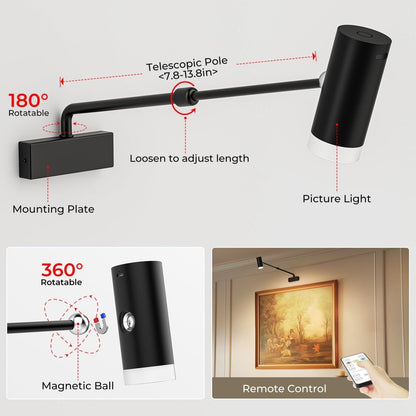Rechargeable Picture Light with Remote Control, Adjustable Wall Sconce, 4000mAh Battery, Dimmable LED Art Light for Gallery, Bedroom & Bathroom - Factory Direct Shop