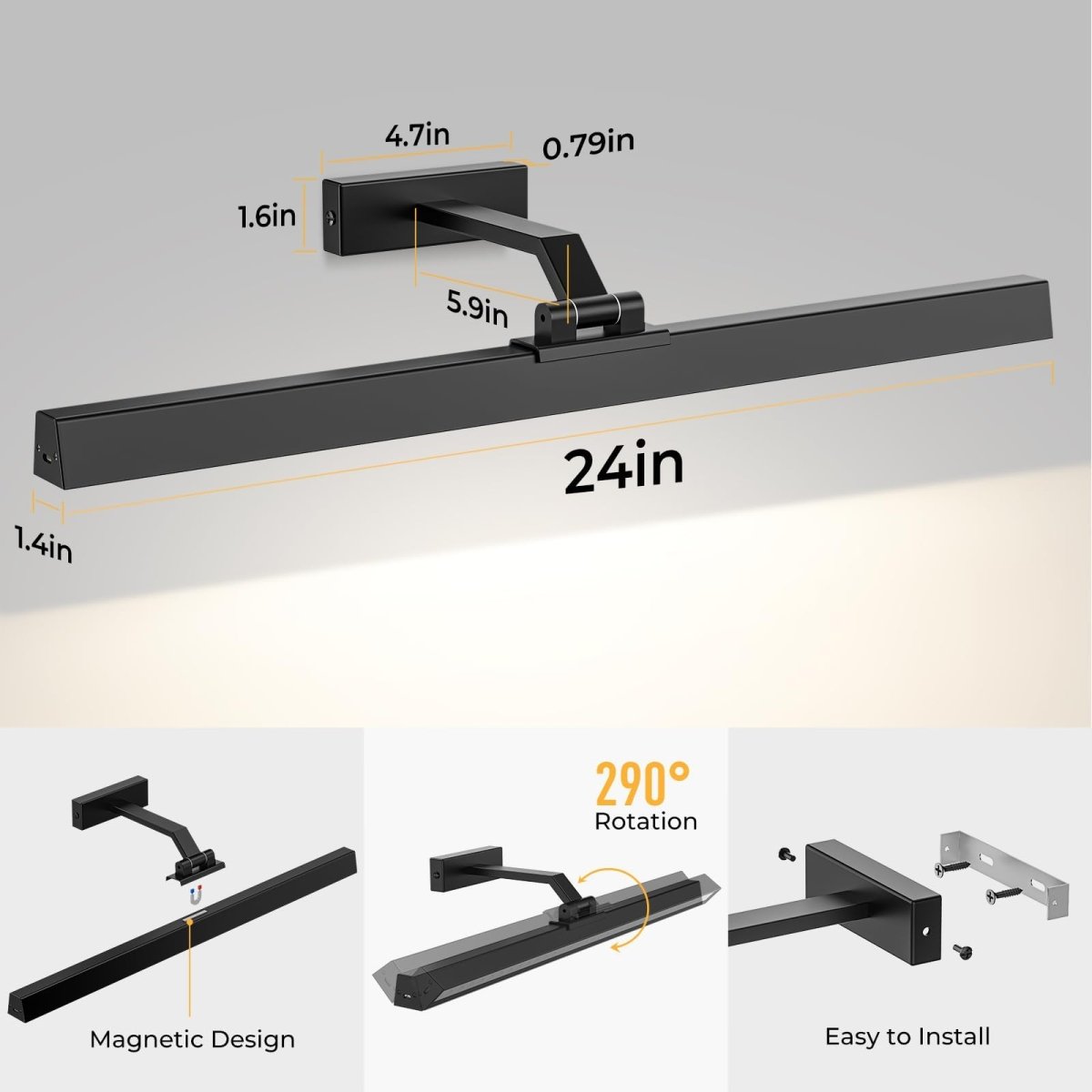 Wall Picture Light, 24in Battery - Powered Gallery Light for Artwork, CCT Dimmable Rechargeable Battery Wall Lamp with Remote Control for Living Room, Gallery, and Dartboard (Black) - Factory Direct Shop