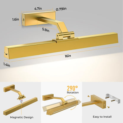 Picture Lights for Wall, Battery Operated Picture Light 16in Gallery Light for Paintings CCT Dimmable Gold - Factory Direct Shop