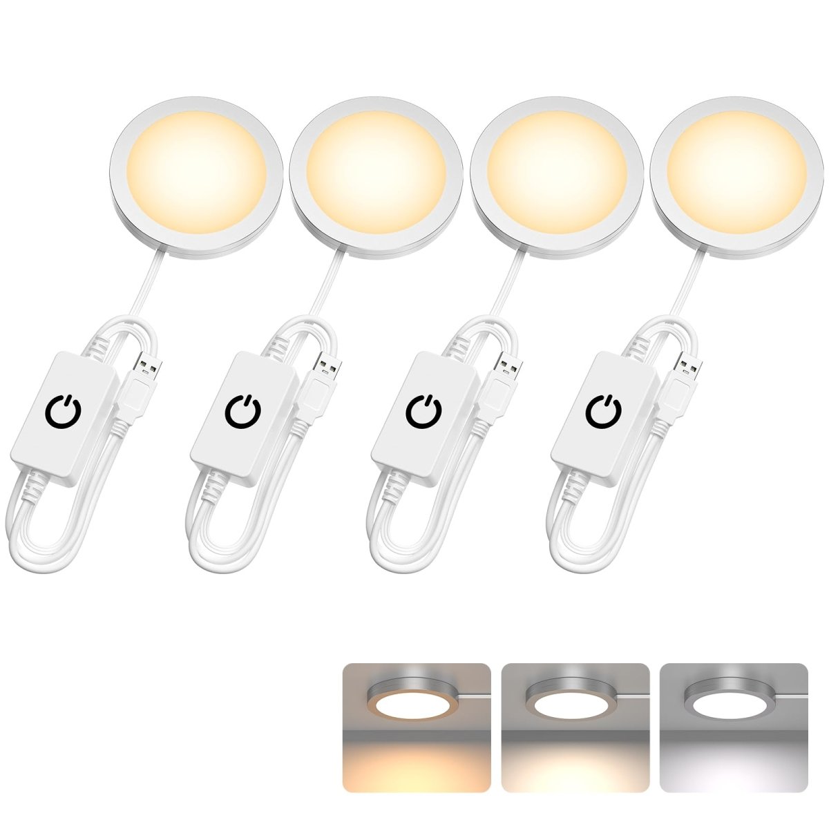 4 Pack Puck Lights 5V Single USB Powered,3 Color Temperature Adjustable & Dimmable Under Cabinet Light,3D Printer LED Lamp Kit for Cabinet,Wardrobe,Showcase - Factory Direct Shop