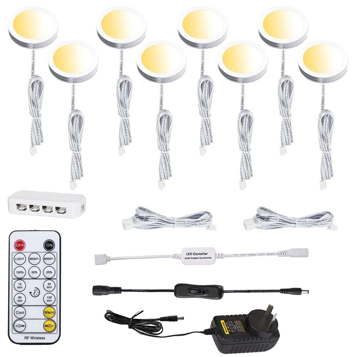 LED Under Cabinet Puck Lights CCT Light Color Temperature Adjustable Warm+White Double Color with Dimmable RF Remote Controller for Kitchen Shelf Ambiance Display Lighting (8 Lights, 24W) - Factory Direct Shop