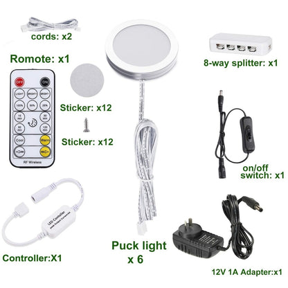 LED Under Cabinet Puck Lights CCT Light Color Temperature Adjustable Warm+White Double Color with Dimmable RF Remote Controller for Kitchen Shelf Ambiance Display Lighting (8 Lights, 24W) - Factory Direct Shop