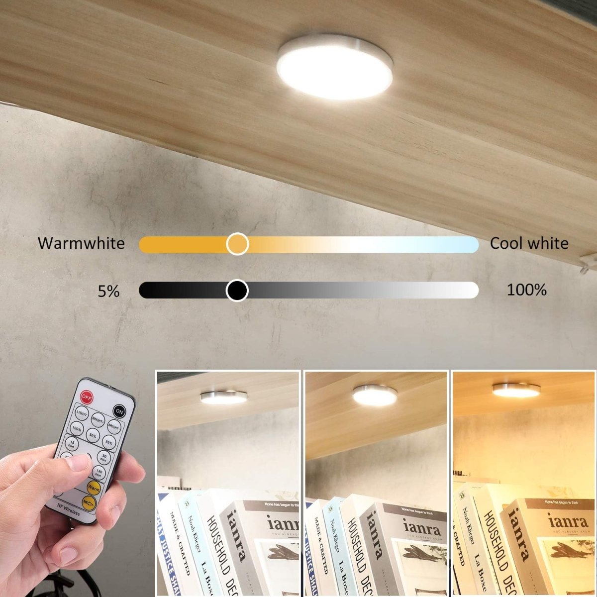 LED Under Cabinet Puck Lights CCT Light Color Temperature Adjustable Warm+White Double Color with Dimmable RF Remote Controller for Kitchen Shelf Ambiance Display Lighting (8 Lights, 24W) - Factory Direct Shop