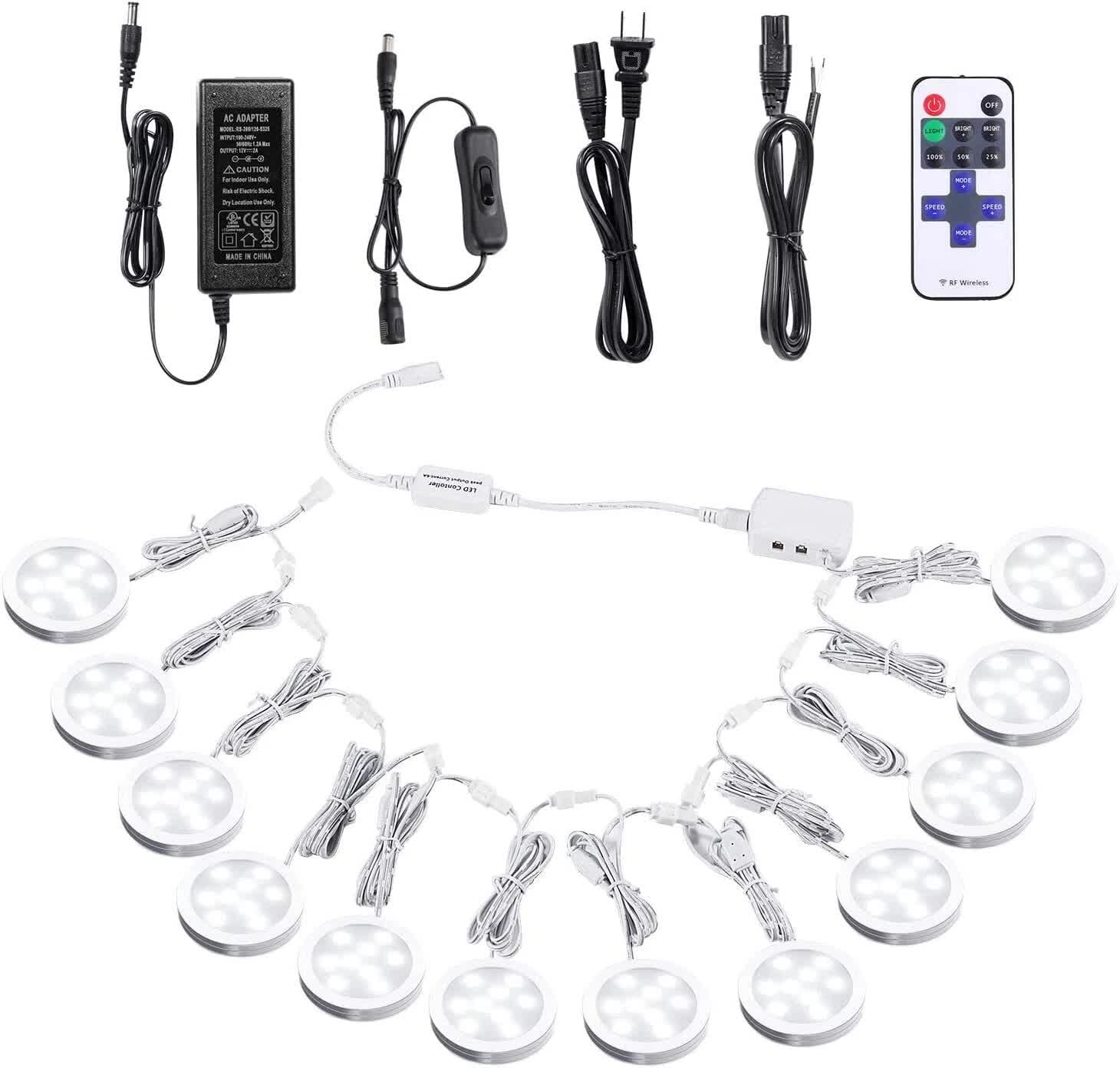 Linkable Under Cabinet LED Lighting 12V Dimmable Puck Lights with Wireless RF Remote Control, Hardwired & Wall Plug in for Kitchen Mood Lighting,Daylight White - Factory Direct Shop
