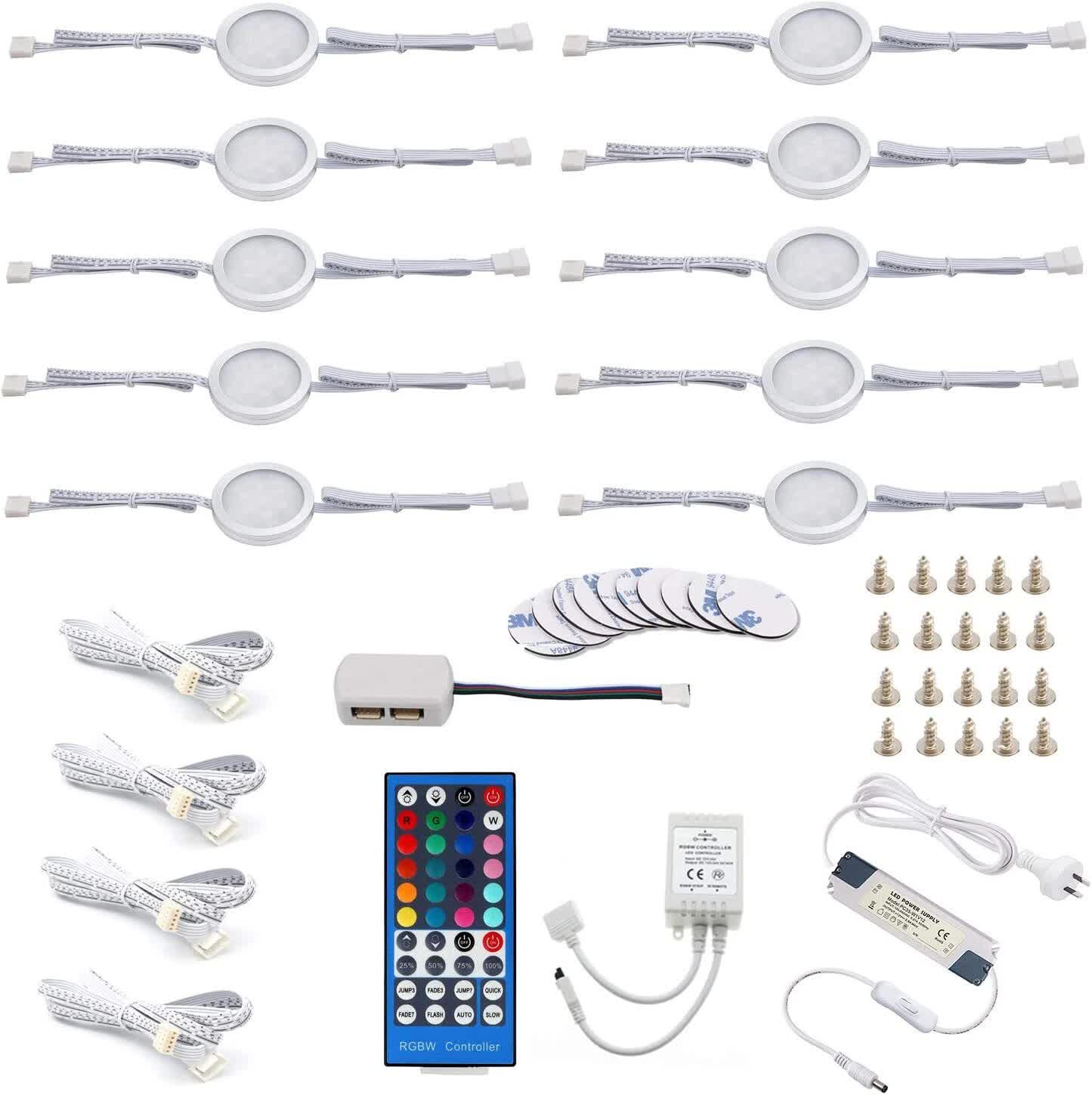 Under Counter LED Light Kit, RGBWW Under Cabinet Lighting, 10 Packs Colored Cabinet Lights with Wireless 40 - Key IR Dimmable Remote Control (10 Lights) - Factory Direct Shop