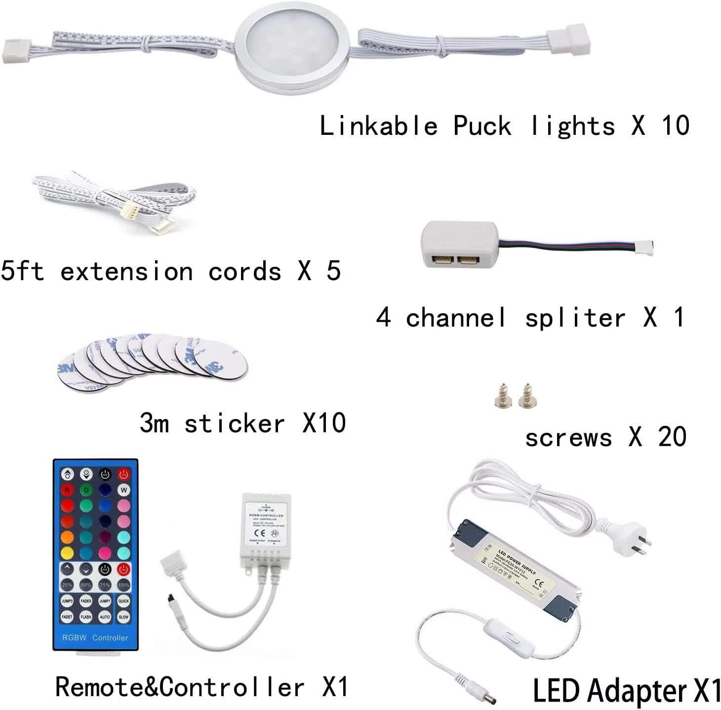 Under Counter LED Light Kit, RGBWW Under Cabinet Lighting, 10 Packs Colored Cabinet Lights with Wireless 40 - Key IR Dimmable Remote Control (10 Lights) - Factory Direct Shop