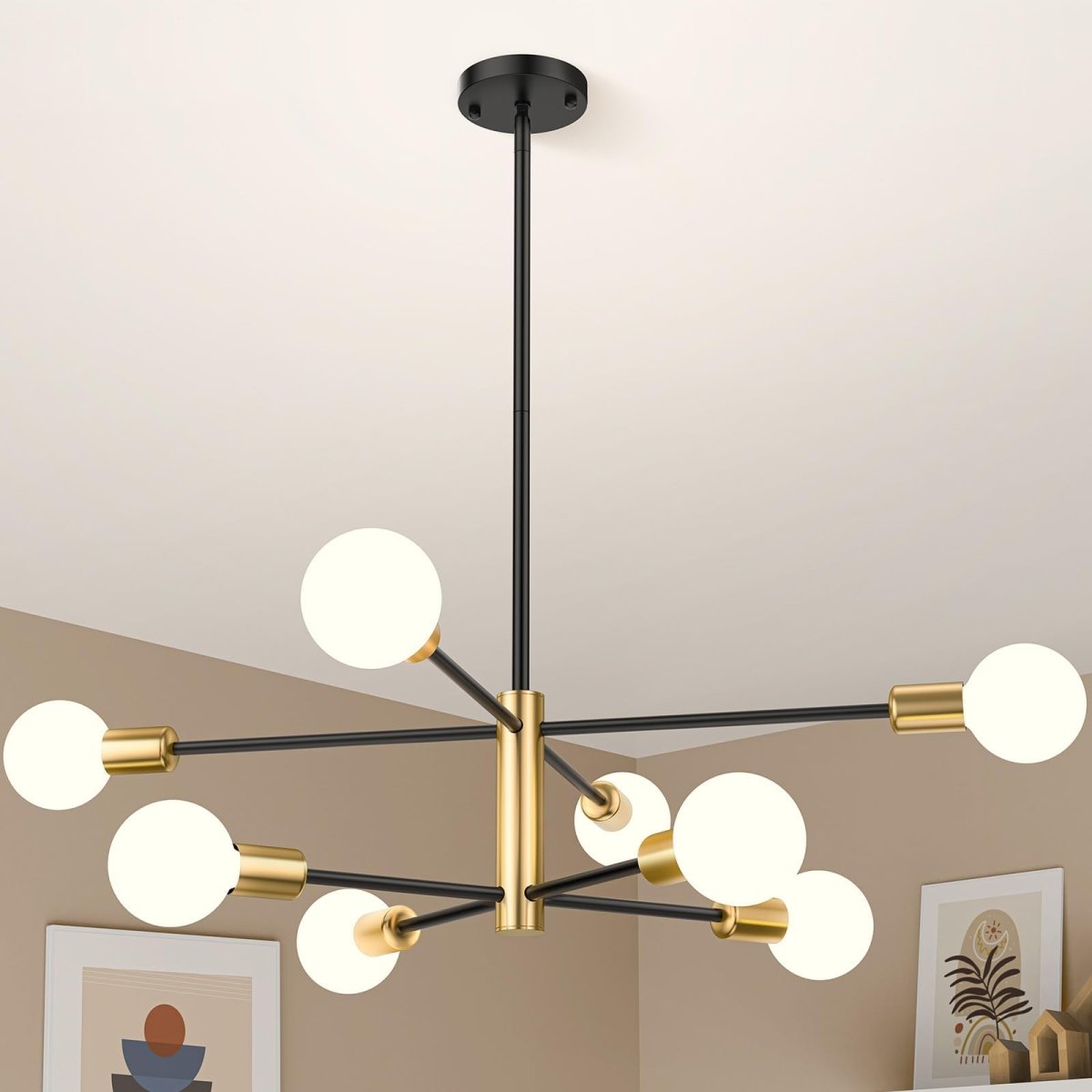 Modern Sputnik Chandelier 8 Lights Height Adjustable Ceiling Light Fixture Mid - Century Modern Gold Chandelier for Dining Room Bedroom Kitchen Living Room with Sloped Ceiling Adapter - Factory Direct Shop