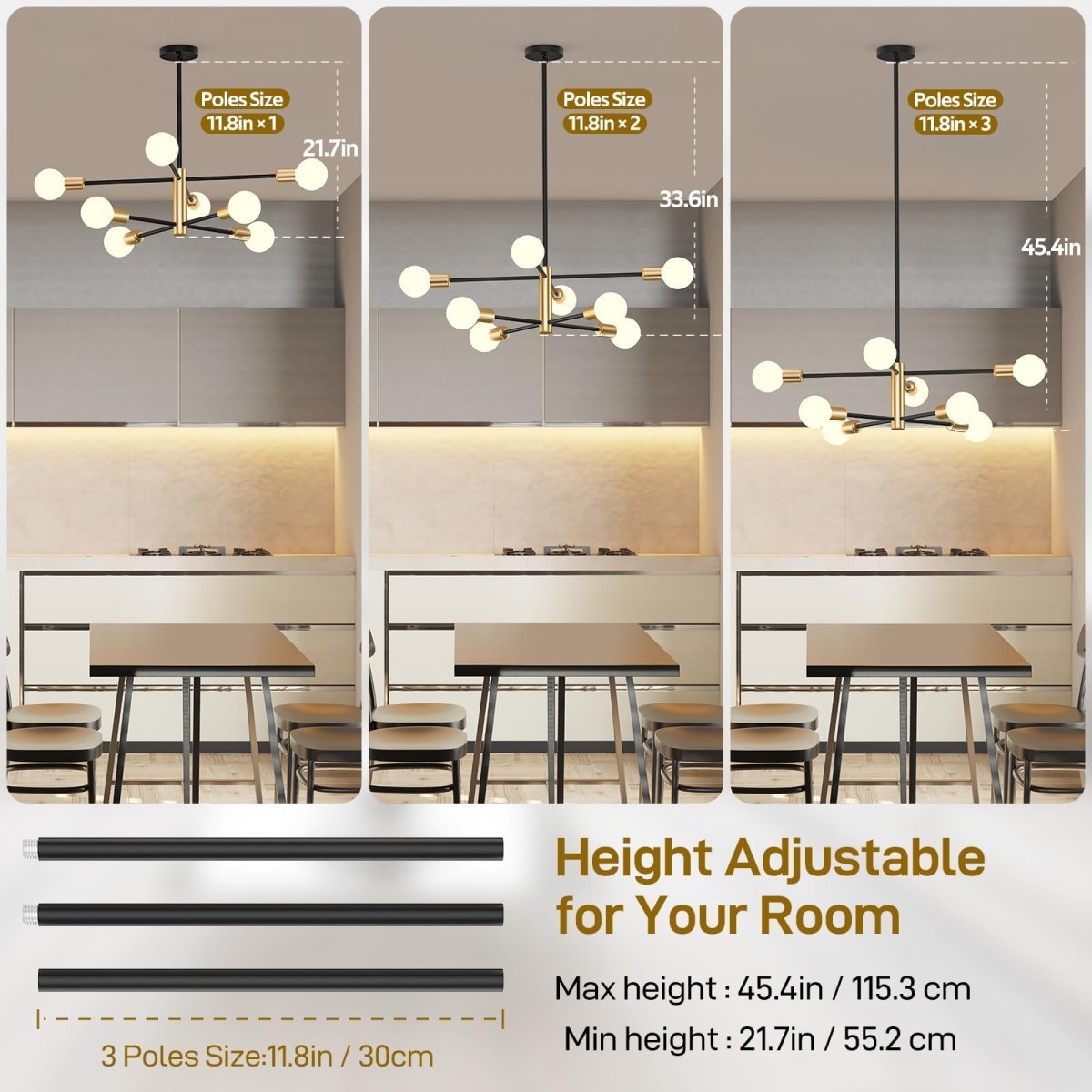 Modern Sputnik Chandelier 8 Lights Height Adjustable Ceiling Light Fixture Mid - Century Modern Gold Chandelier for Dining Room Bedroom Kitchen Living Room with Sloped Ceiling Adapter - Factory Direct Shop