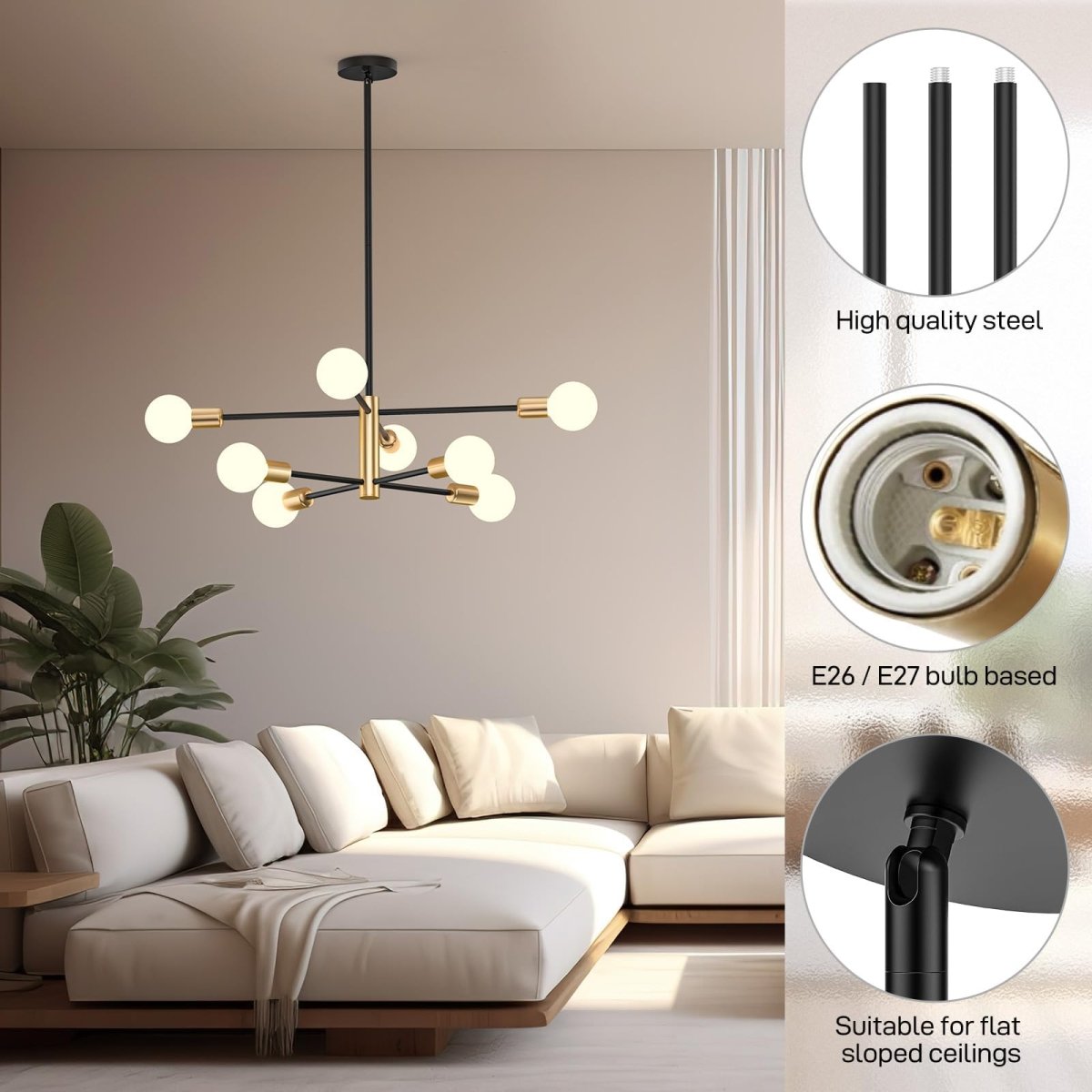 Modern Sputnik Chandelier 8 Lights Height Adjustable Ceiling Light Fixture Mid - Century Modern Gold Chandelier for Dining Room Bedroom Kitchen Living Room with Sloped Ceiling Adapter - Factory Direct Shop
