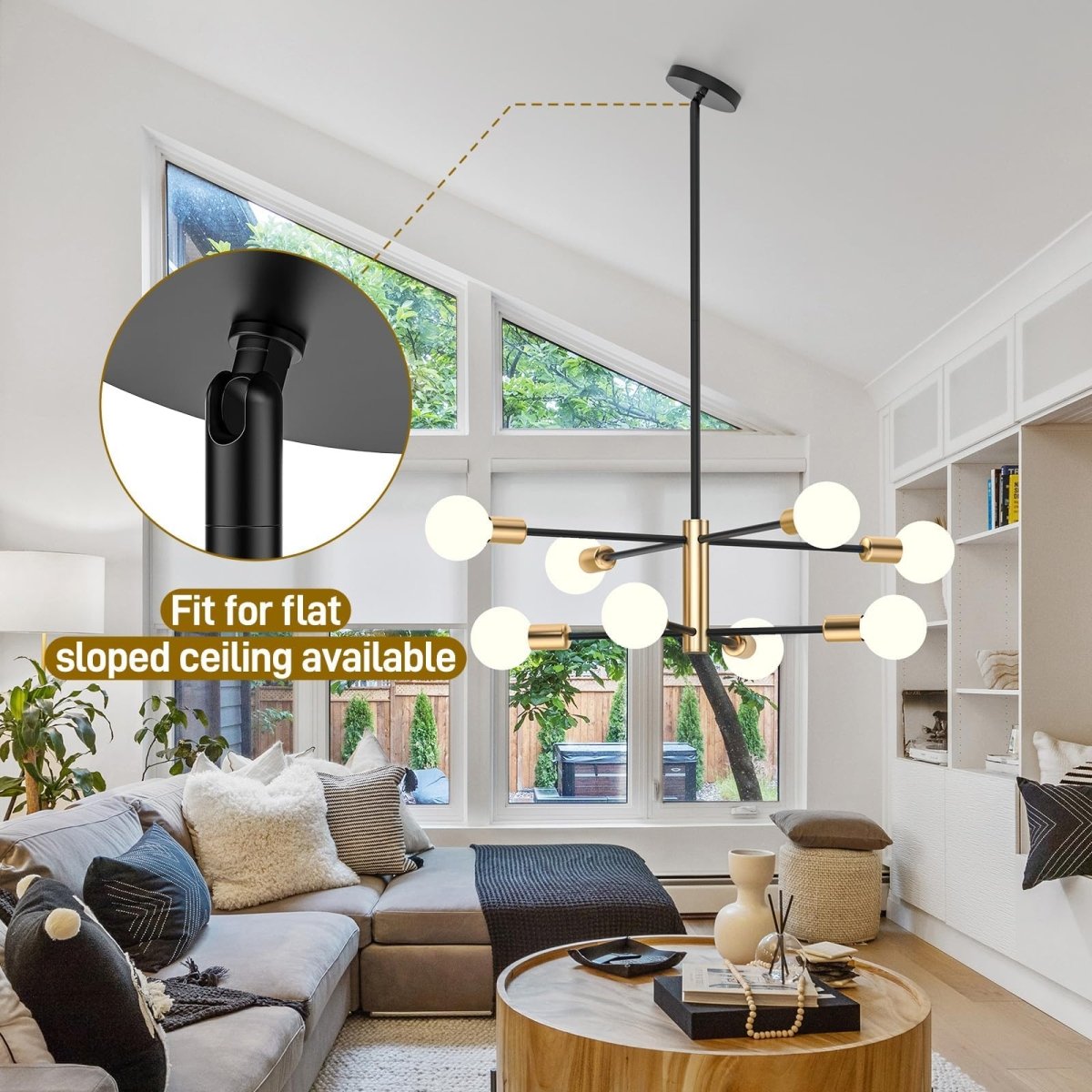 Modern Sputnik Chandelier 8 Lights Height Adjustable Ceiling Light Fixture Mid - Century Modern Gold Chandelier for Dining Room Bedroom Kitchen Living Room with Sloped Ceiling Adapter - Factory Direct Shop