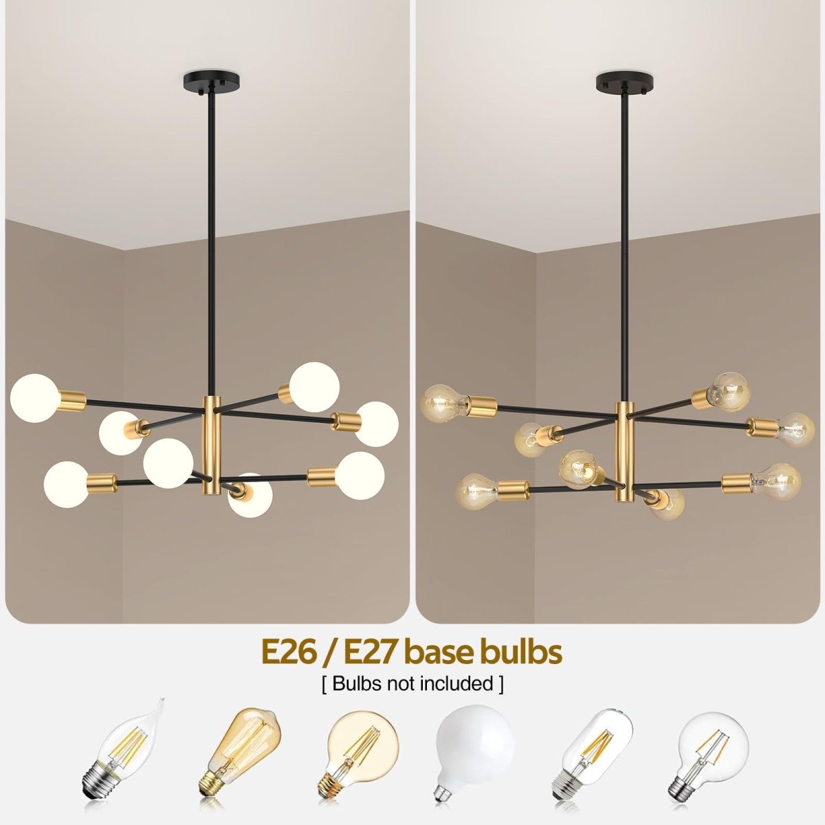 Modern Sputnik Chandelier 8 Lights Height Adjustable Ceiling Light Fixture Mid - Century Modern Gold Chandelier for Dining Room Bedroom Kitchen Living Room with Sloped Ceiling Adapter - Factory Direct Shop