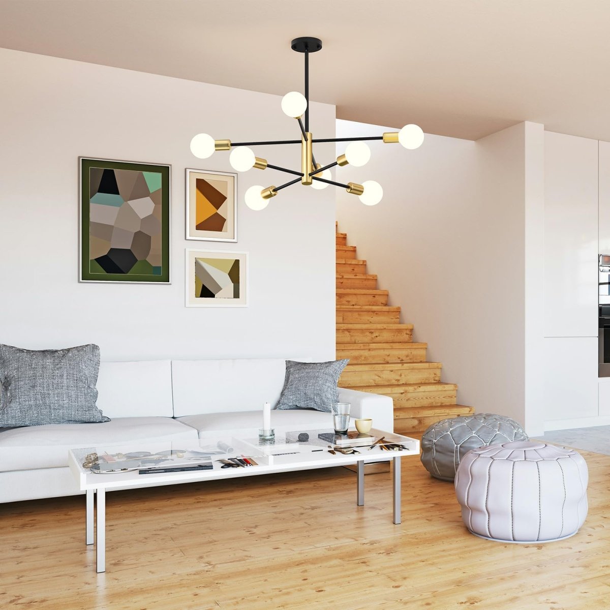 Modern Sputnik Chandelier 8 Lights Height Adjustable Ceiling Light Fixture Mid - Century Modern Gold Chandelier for Dining Room Bedroom Kitchen Living Room with Sloped Ceiling Adapter - Factory Direct Shop