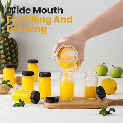 Glass Jars with Lids - 15 x 2 oz Jars - Includes 15 Labels - Clear - Perfect for Ginger Smoothies, Health Drinks, Juices, etc. - Travel Essential - Wide Mouth Design - Leak-Proof - Dishwasher Safe
