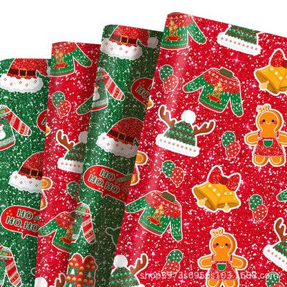 Gift Wrapping Paper Style WZ025 - Red & Green Reindeer & Gingerbread Man Design (12-Sheet Set)
