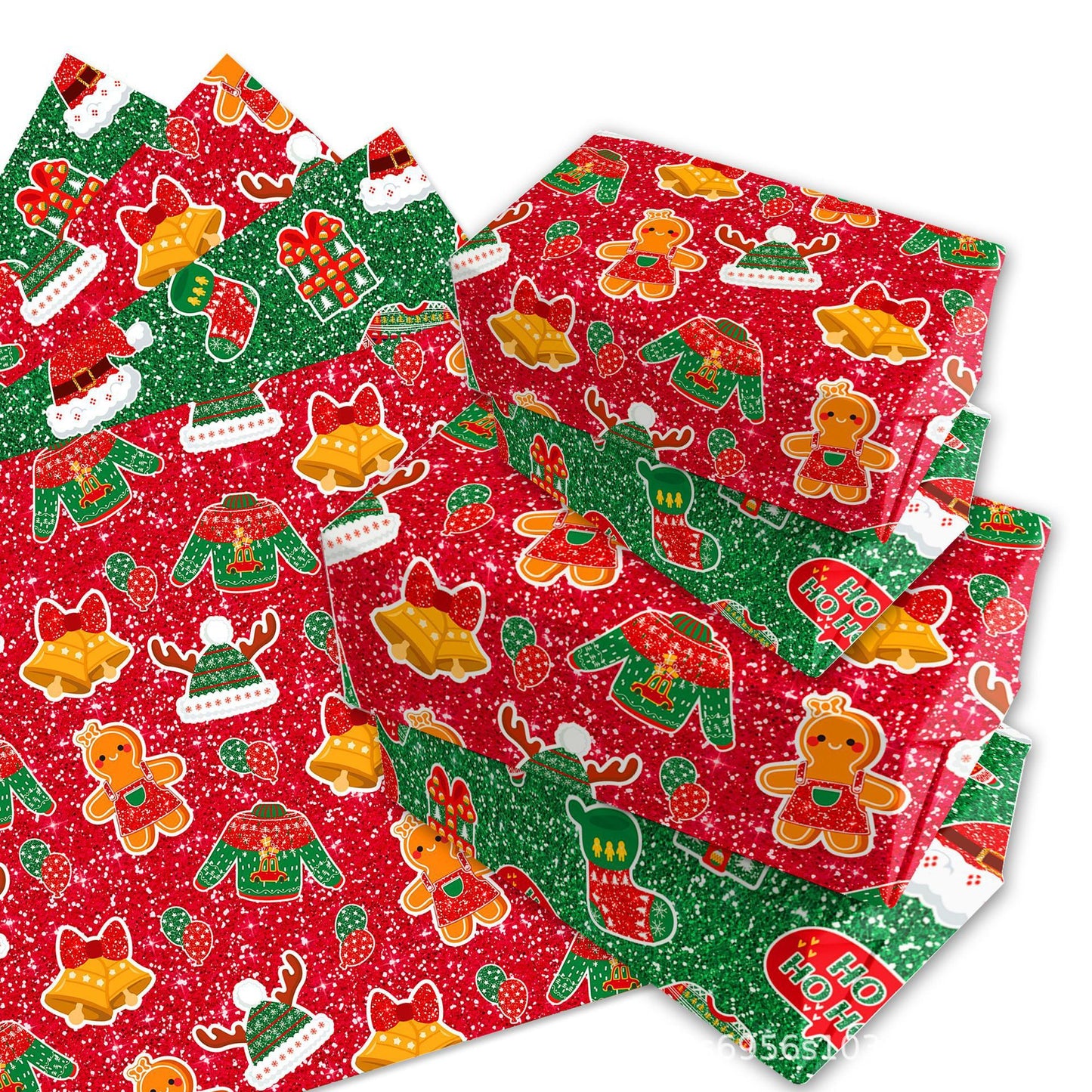 Gift Wrapping Paper Style WZ025 - Red & Green Reindeer & Gingerbread Man Design (12-Sheet Set)