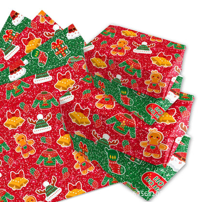 Gift Wrapping Paper Style WZ025 - Red & Green Reindeer & Gingerbread Man Design (12-Sheet Set)