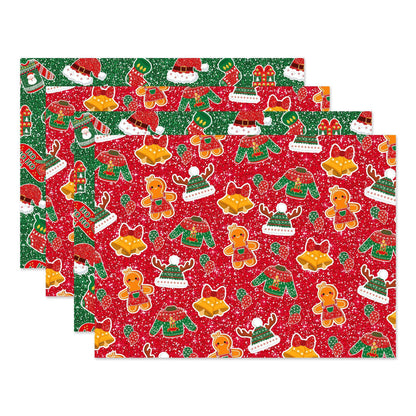 Gift Wrapping Paper Style WZ025 - Red & Green Reindeer & Gingerbread Man Design (12-Sheet Set)