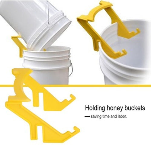 Yellow honey bucket holder being used to lift a white honey bucket, with text indicating time and labor savings.