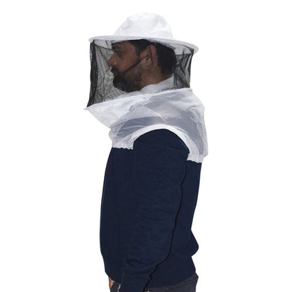 Person wearing a beekeeping suit with a hood on a white background