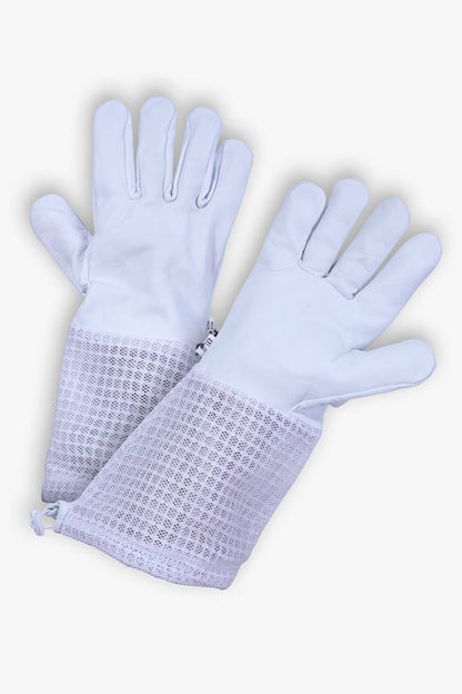 Pair of white gardening gloves with meshpalms on a white background