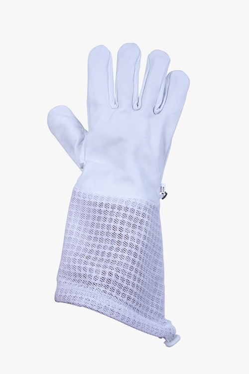 White gloves with mesh cuffs on a white background