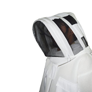 White beekeeping suit with mesh hood on a white background