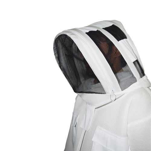 White beekeeping suit with mesh hood on a white background
