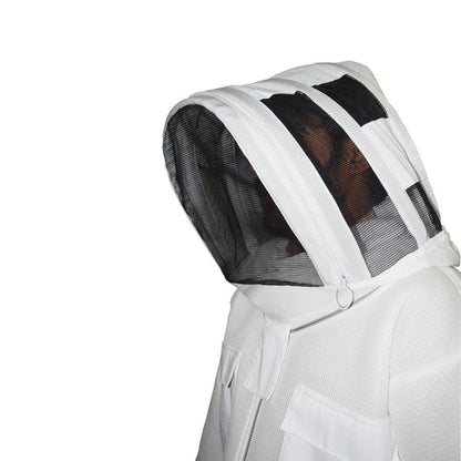White beekeeping suit with mesh hood on a white background